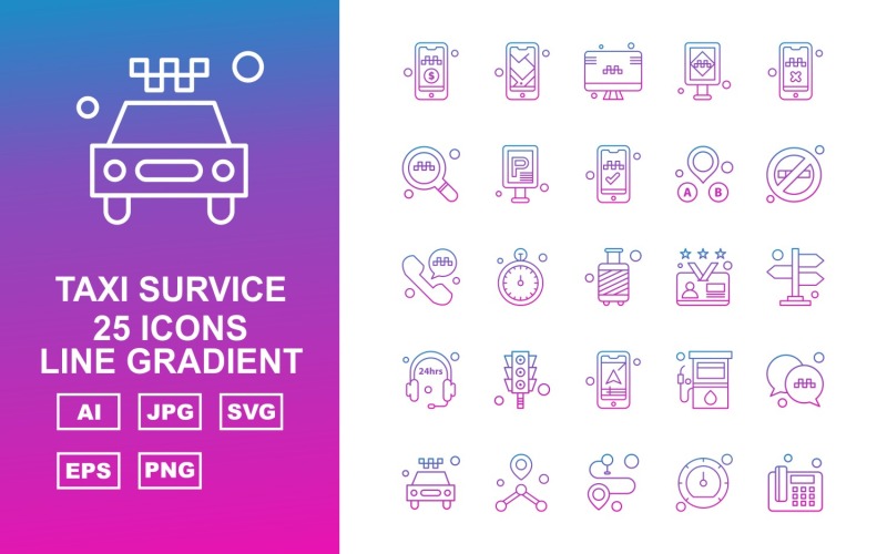 25 Premium Taxi Survice Line Gradient Ikonuppsättning
