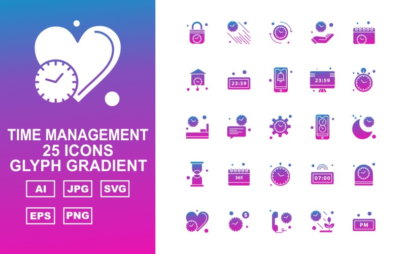 Download Набор иконок "25 Premium Time Management Glyph Gradient Icon Set" / 25 Premium Time Management Glyph Gradient Icon Set - Набор иконок на тему number lock,chat,clock,alarm,heart,telephone,plant,fast clock,reload,hand,calendar,home,watch,bell,lcd,room,setting,mobile,moon,hourglass