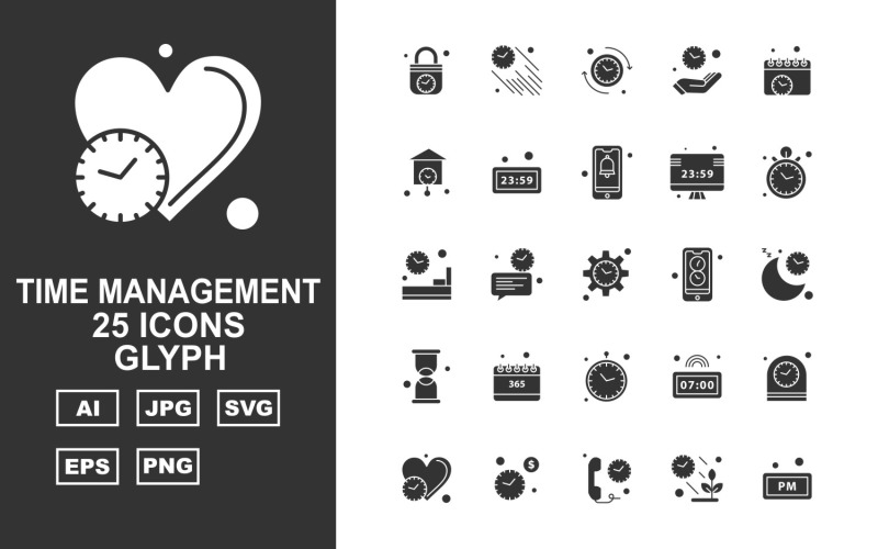 Download Набор иконок "25 Premium Time Management Glyph Icon Set" / 25 Premium Time Management Glyph Icon Set - Набор иконок на тему number lock,chat,clock,alarm,heart,telephone,plant,fast clock,reload,hand,calendar,home,watch,bell,lcd,room,setting,mobile,moon,hourglass