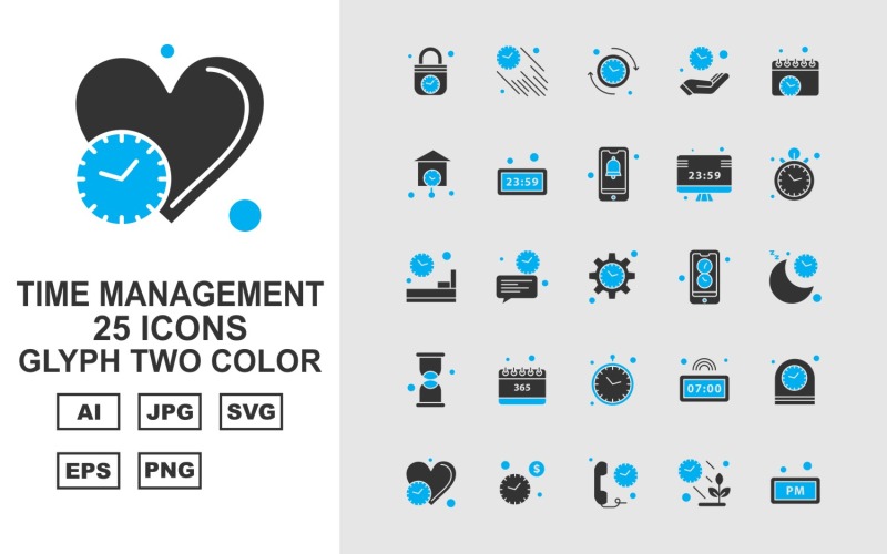 Download Набор иконок "25 Premium Time Management Glyph Two Color Icon Set" / 25 Premium Time Management Glyph Two Color Icon Set - Набор иконок на тему number lock,chat,clock,alarm,heart,telephone,plant,fast clock,reload,hand,calendar,home,watch,bell,lcd,room,setting,mobile,moon,hourglass