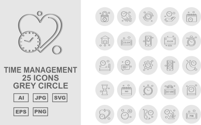 25 Premium Time Management Gray Circle Icon Set