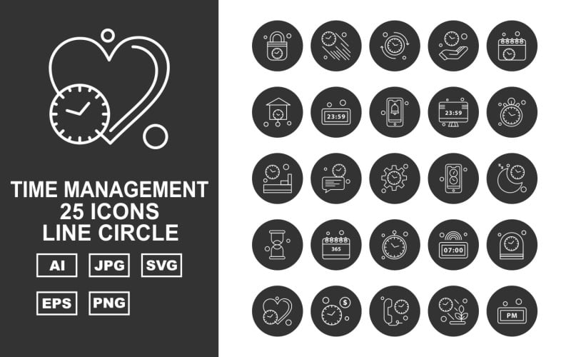 Download Набор иконок "25 Premium Time Management Line Circle Icon Set" / 25 Premium Time Management Line Circle Icon Set - Набор иконок на тему number lock,chat,clock,alarm,heart,telephone,plant,fast clock,reload,hand,calendar,home,watch,bell,lcd,room,setting,mobile,moon,hourglass