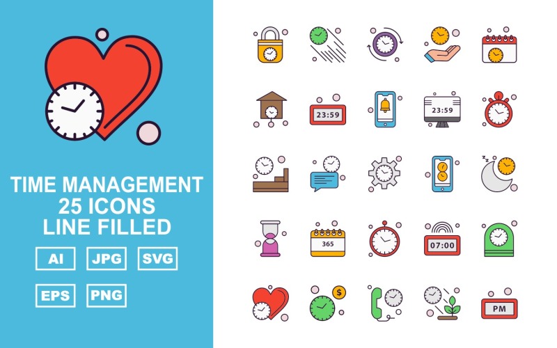Download Набор иконок "25 Premium Time Management Line Filled Icon Set" / 25 Premium Time Management Line Filled Icon Set - Набор иконок на тему number lock,chat,clock,alarm,heart,telephone,plant,fast clock,reload,hand,calendar,home,watch,bell,lcd,room,setting,mobile,moon,hourglass