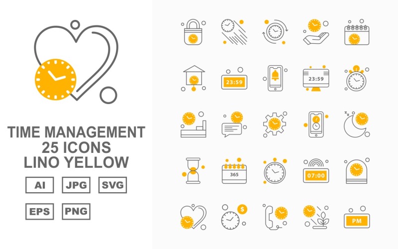 25 Premium Time Management Lino žlutá sada ikon