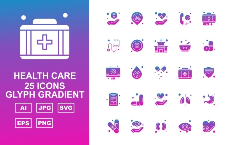 25 Zestaw ikon gradientu glifów Premium Health Care
