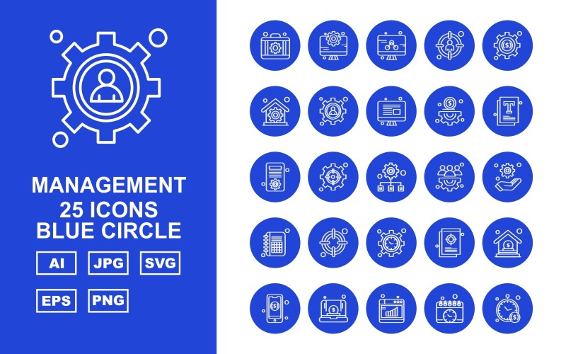 Набор иконок 25 премиум-менеджмента с синим кругом