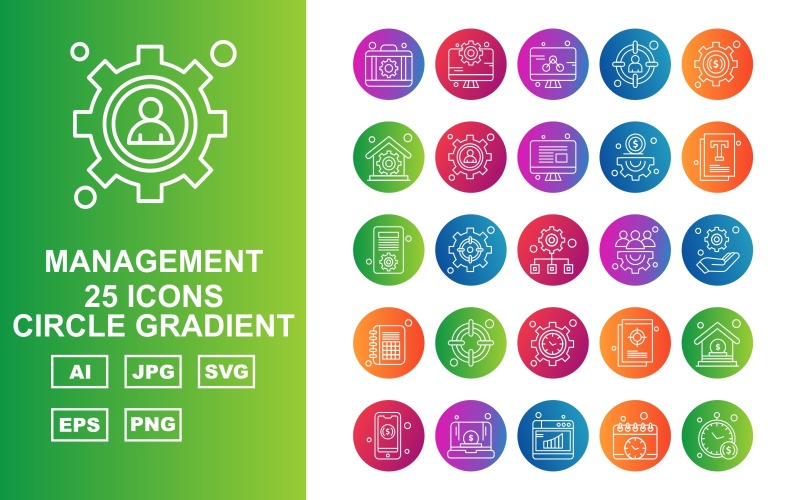 25 Premium Management Circle Gradient Ikonuppsättning