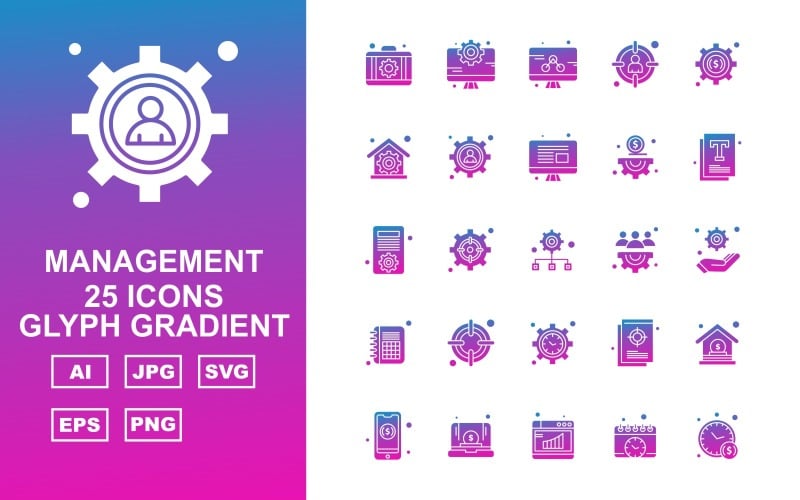 Download Набор иконок "25 Premium Management Glyph Gradient Icon Set" / 25 Premium Management Glyph Gradient Icon Set - Набор иконок на тему business briefcase,setting,document,home,mobile,laptop,browser,calendar,clock,lcd,target,house,hand,icon,icons