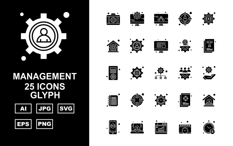 Download Набор иконок "25 Premium Management Glyph Icon Set" / 25 Premium Management Glyph Icon Set - Набор иконок на тему business briefcase,setting,document,home,mobile,laptop,browser,calendar,clock,lcd,target,house,hand,icon,icons