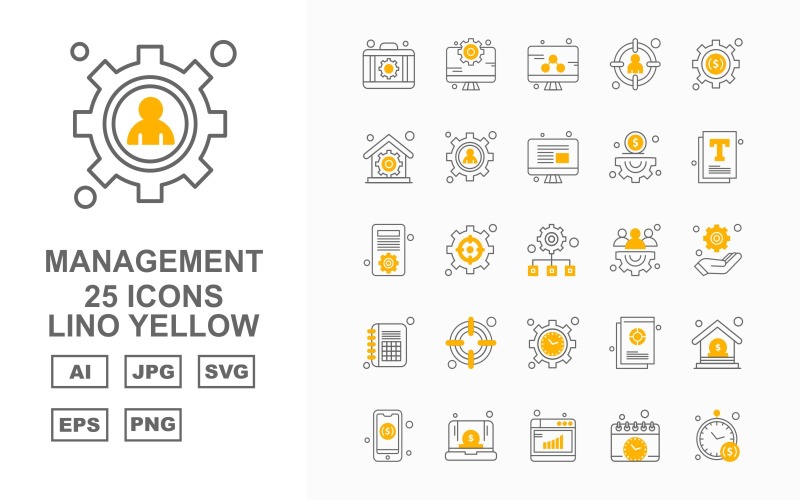 Download Набор иконок "25 Premium Management Lino Yellow Icon Set" / 25 Premium Management Lino Yellow Icon Set - Набор иконок на тему business briefcase,setting,document,home,mobile,laptop,browser,calendar,clock,lcd,target,house,hand,icon,icons