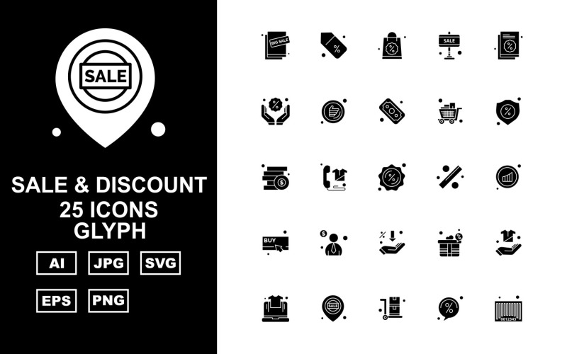 Download Набор иконок "25 Premium Sale &amp; Discount Glyph Icon Set" / 25 Premium Sale &amp; Discount Glyph Icon Set - Набор иконок на тему shopping big sale,telephone,gift,hand,laptop,location,trolley,discount,barcode,shopping bag,tag,document,cart,dollar,shield,coins,wireless,buy,man,icon