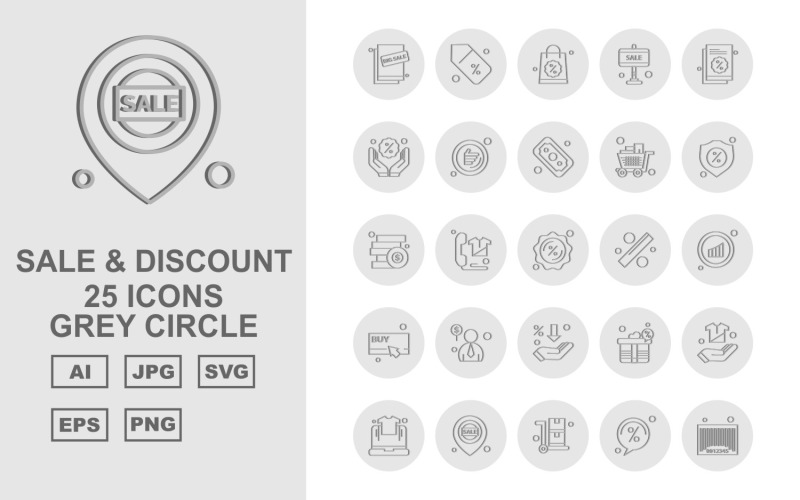 Download Набор иконок "25 Premium Sale &amp; Discount Grey Circle Icon Set" / 25 Premium Sale &amp; Discount Grey Circle Icon Set - Набор иконок на тему shopping big sale,telephone,gift,hand,laptop,location,trolley,discount,barcode,shopping bag,tag,document,cart,dollar,shield,coins,wireless,buy,man,icon