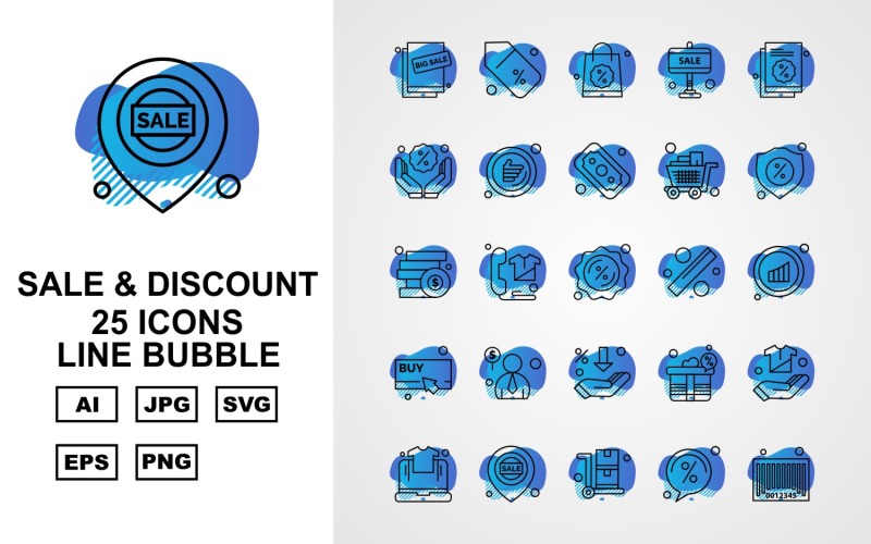 Download Набор иконок "25 Premium Sale &amp; Discount Line Bubble Icon Set" / 25 Premium Sale &amp; Discount Line Bubble Icon Set - Набор иконок на тему shopping big sale,telephone,gift,hand,laptop,location,trolley,discount,barcode,shopping bag,tag,document,cart,dollar,shield,coins,wireless,buy,man,icon