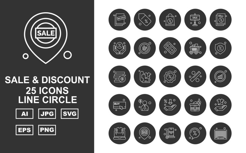 Download Набор иконок "25 Premium Sale &amp; Discount Line Circle Icon Set" / 25 Premium Sale &amp; Discount Line Circle Icon Set - Набор иконок на тему shopping big sale,telephone,gift,hand,laptop,location,trolley,discount,barcode,shopping bag,tag,document,cart,dollar,shield,coins,wireless,buy,man,icon