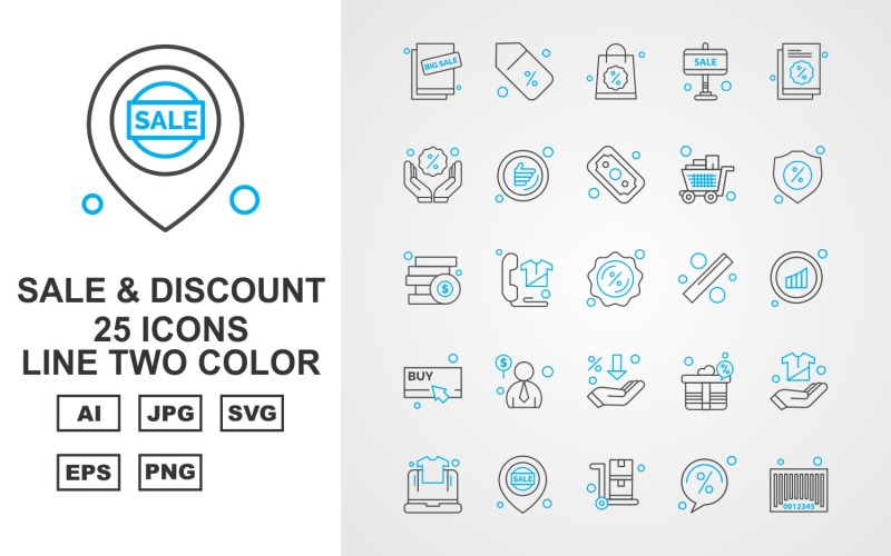 Download Набор иконок "25 Premium Sale &amp; Discount Line Two Color Icon Set" / 25 Premium Sale &amp; Discount Line Two Color Icon Set - Набор иконок на тему shopping big sale,telephone,gift,hand,laptop,location,trolley,discount,barcode,shopping bag,tag,document,cart,dollar,shield,coins,wireless,buy,man,icon