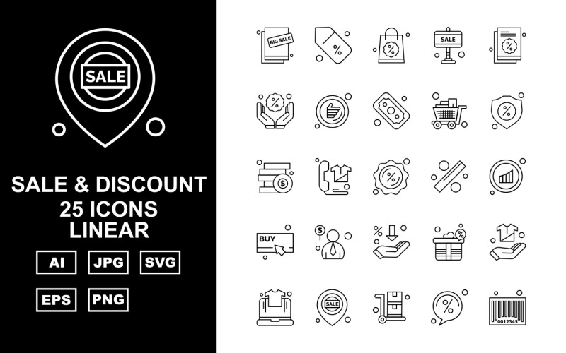 Download Набор иконок "25 Premium Sale &amp; Discount Linear Icon Set" / 25 Premium Sale &amp; Discount Linear Icon Set - Набор иконок на тему shopping big sale,telephone,gift,hand,laptop,location,trolley,discount,barcode,shopping bag,tag,document,cart,dollar,shield,coins,wireless,buy,man,icon