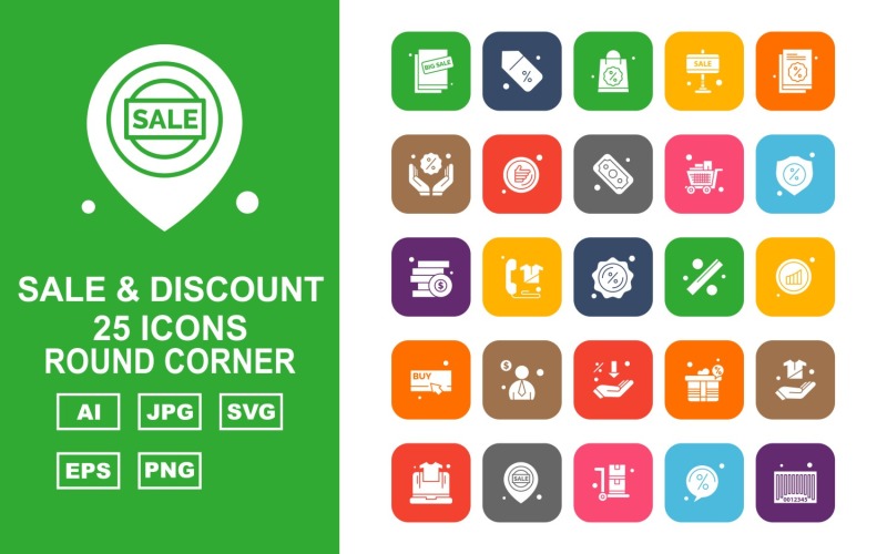 Download Набор иконок "25 Premium Sale &amp; Discount Round Corner Icon Set" / 25 Premium Sale &amp; Discount Round Corner Icon Set - Набор иконок на тему shopping big sale,telephone,gift,hand,laptop,location,trolley,discount,barcode,shopping bag,tag,document,cart,dollar,shield,coins,wireless,buy,man,icon