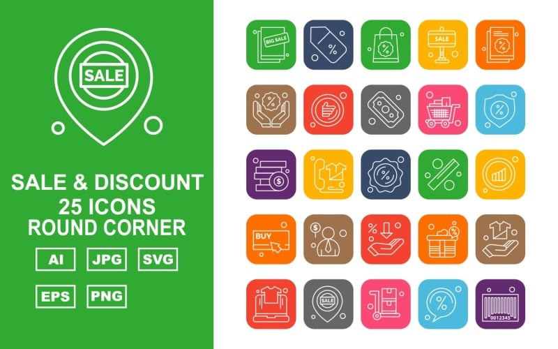 25 premium verkoop en korting ronde hoek icon set