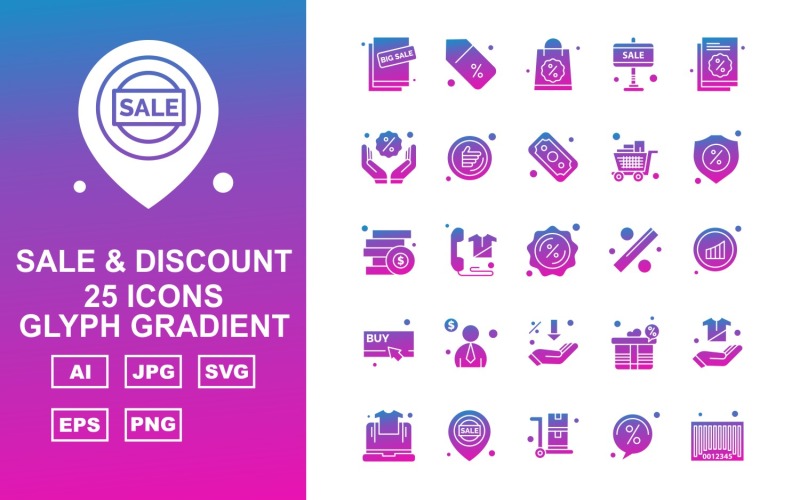 25 Premiumförsäljning & rabatt Glyph Gradient Ikonuppsättning