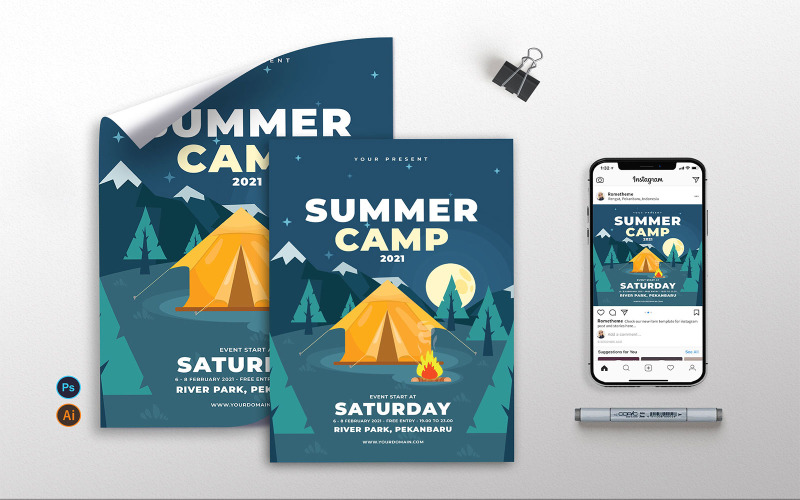 Download Фирменный стиль "Summer Camp vol.02 - Flyer, Poster &amp; Instagram TY" / Summer Camp vol.02 - Flyer, Poster &amp; Instagram TY - Фирменный стиль на тему графика summer,hiking,camping,mountaineering,canoeing,caving,kayaking,rafting,adventure,outdoor,nature,scout,mountain,tent,firecamp,illustration,a3,a4,instagram