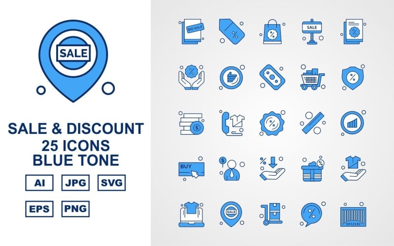 25 Venta premium y descuento Conjunto de iconos de tono azul