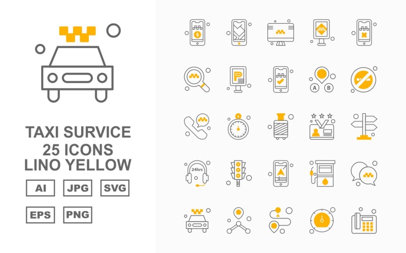 25 Zestaw żółtych ikon Premium Taxi Survice Lino