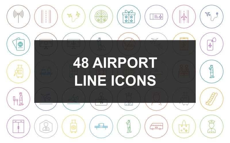 Download Набор иконок "48 Airport Line Round Circle Icon Set" / 48 Airport Line Round Circle Icon Set - Набор иконок на тему travel walking with luggage,waiting,vip passenger,ticket and passport,taxi stand,snacks,seats in plane,seat belt,runway,round travel flights,radar screen,presents,plane tickets,plane on runway,plane
