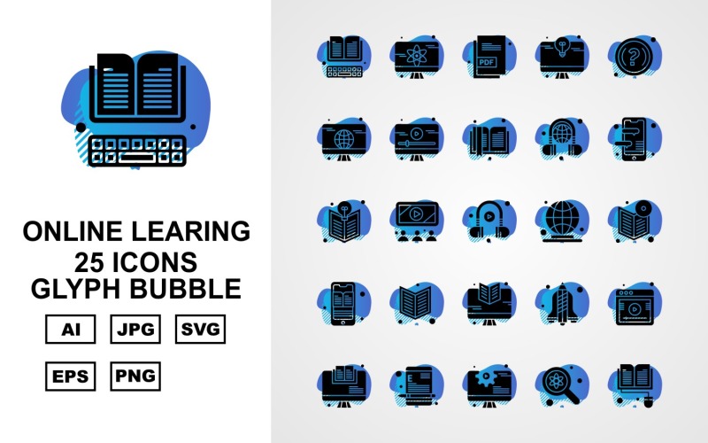 25 Conjunto de ícones de bolha de glifo de aprendizagem online premium