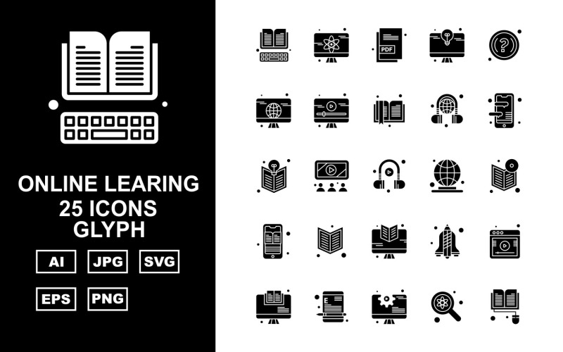 25 Conjunto de ícones de glifo de aprendizagem online premium