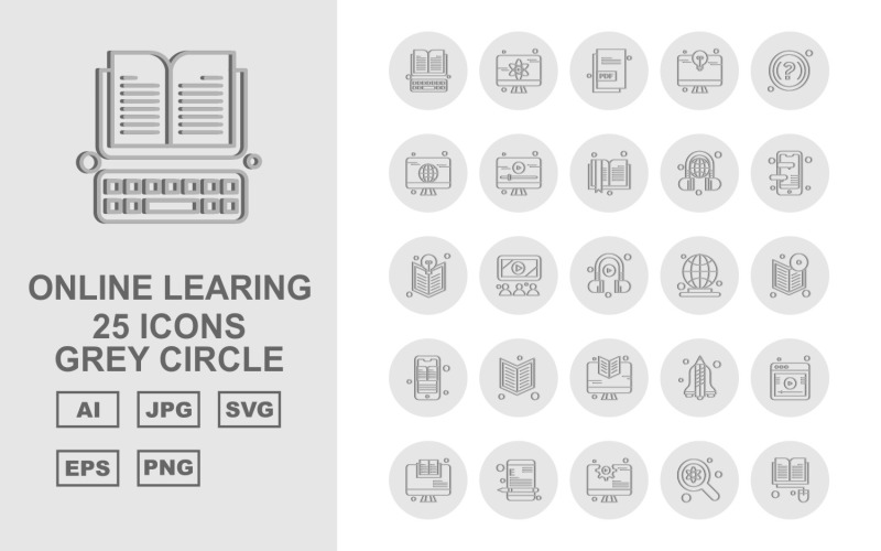25 Conjunto de iconos de círculo gris de aprendizaje en línea premium