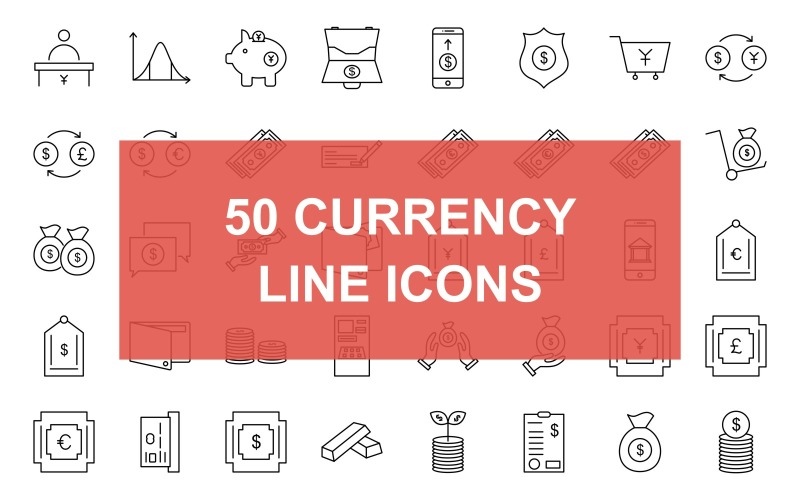 Download Набор иконок "50 Currency Line Black Icon Set" / 50 Currency Line Black Icon Set - Набор иконок на тему финансы cashier,write cheque,mobile banking,using credit card,dollar on fire,yen basket,pound basket,euro basket,dollar basket,statistics,piggy bank,dollar briefcase,online money,dollar badge,cart,do