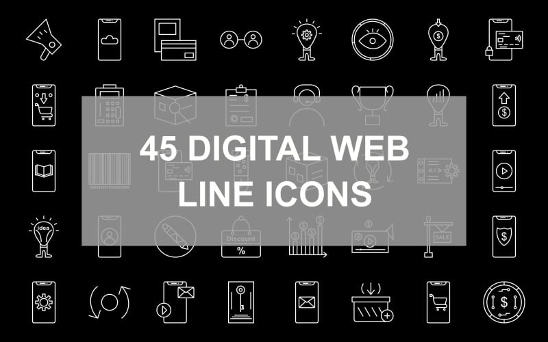 Download Набор иконок "45 Digital Web Line inverted Icon Set" / 45 Digital Web Line inverted Icon Set - Набор иконок на тему финансы digital marketing,research,video marketing,strategy,customer survey,special gift,seo,cloud storage,pay via card,social circle,innovation,vision,funding,secure transactions,web shop,atm servic