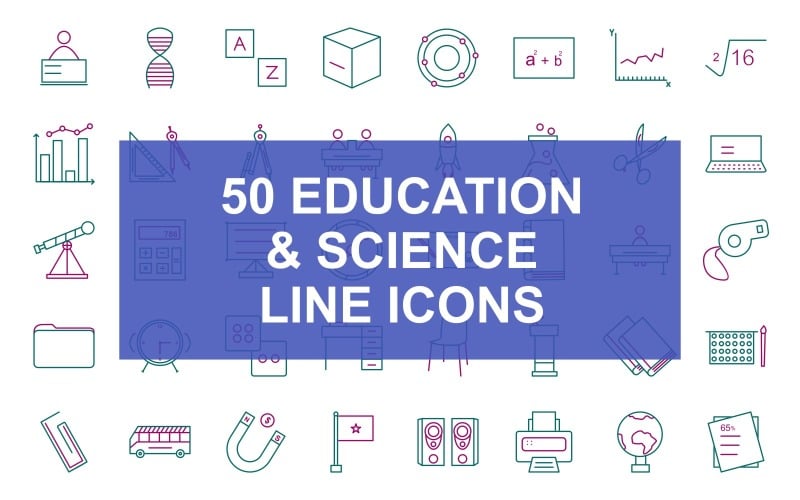 50 educación y ciencia línea dos colores conjunto de iconos