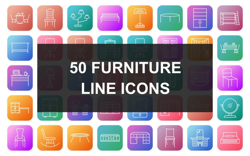 Download Набор иконок "50 Furniture Line Square Round Gradient Icon Set" / 50 Furniture Line Square Round Gradient Icon Set - Набор иконок на тему baby dinner table,television set,baby cot,rocking chair,lunch table,studying desk,office desk,tea table,conference table,conference room chair,lamps stand,bench,stand,stool,cupboard with shelves,b