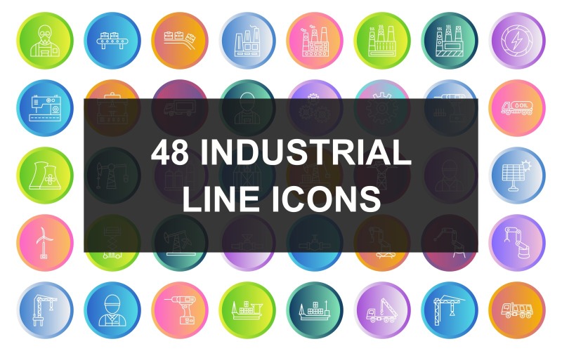 Download Набор иконок "48 Industrial Process Line Gradient Round Icon Set" / 48 Industrial Process Line Gradient Round Icon Set - Набор иконок на тему industrial gas mask,tester,industry worker,moving truck,wagon,oil barrel,tank wagon,lifter crane,conveyor,industry,factory,electric current,machine,machine press,truck,multiple cogwheels,cogwheel,drill,