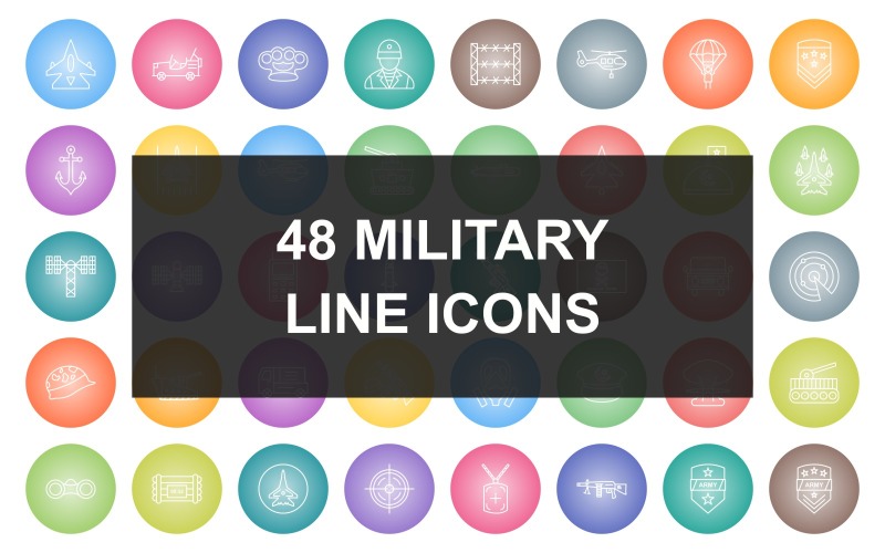 Download Набор иконок "48 Military Line Round Gradient Icon Set" / 48 Military Line Round Gradient Icon Set - Набор иконок на тему military fighter jet,tank,jeep,time bomb,revolver,life jacket,bomb,knuckle,soldier,wire,helicopter,parachute,military badge,anchor,airbase,submarine,military base,plane dropping missile,satellite towe
