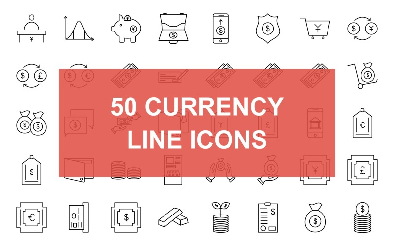 50 moneda línea conjunto de iconos negros