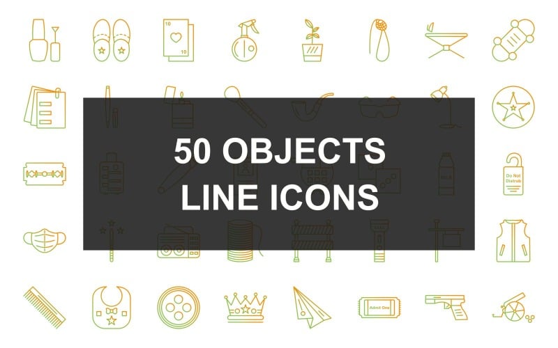 Download Набор иконок "50 Objects Line Gradient Icon Set" / 50 Objects Line Gradient Icon Set - Набор иконок на тему military nail polish,blush on brush,milk bottle,baby bib,perfume bottle,sand glass,mailbox,walking stick,chessboard,slippers,cards,water spray bottle,flower pot,rope,iron stand,skateboard,attached doc