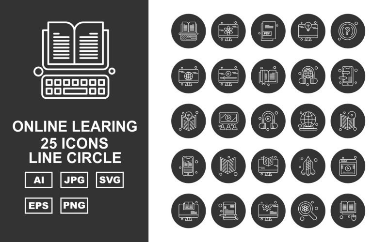 25 Премиум набор иконок круга линии онлайн-обучения