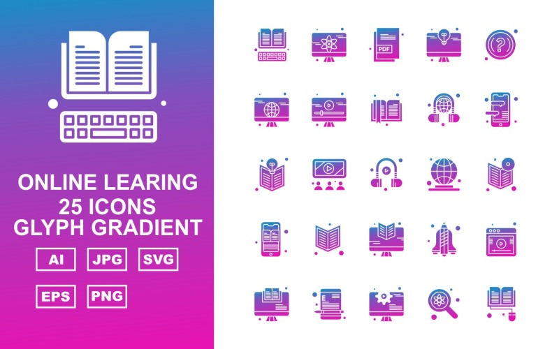 Download Набор иконок "25 Premium Online Learning Glyph Gradient Icon Set" / 25 Premium Online Learning Glyph Gradient Icon Set - Набор иконок на тему science book,mobile,rocket,website,lcd,find,document,question mark,book mark,earphone,headphone,earth,icon,icons
