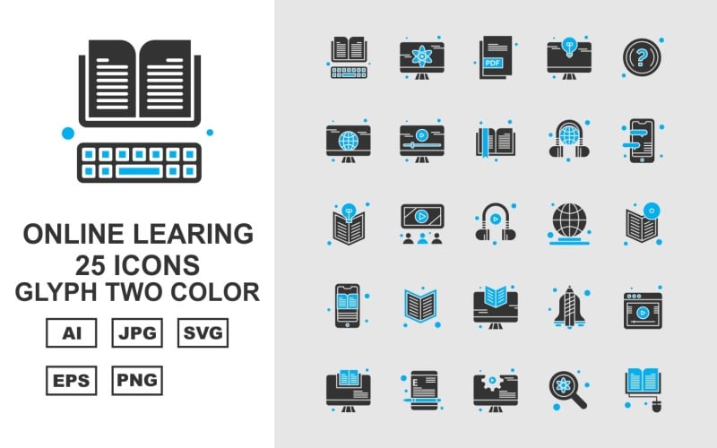 25 Premium Online Learning Glyph İki Renkli Simge Seti
