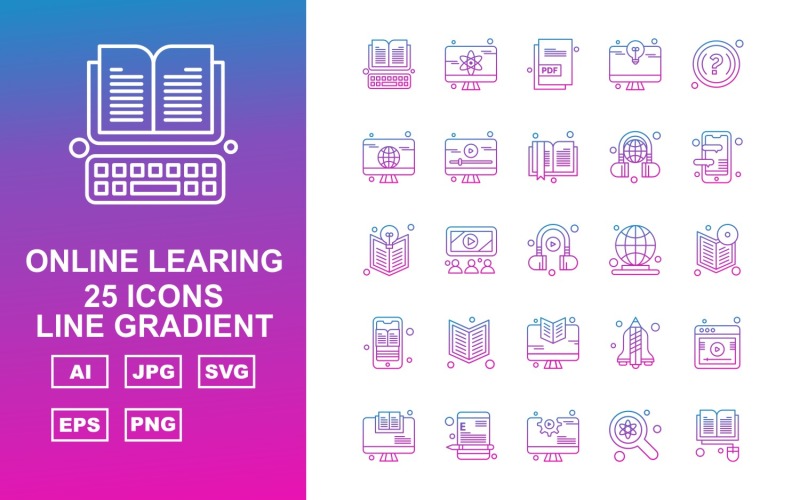 Download Набор иконок "25 Premium Online Learning Line Gradient Icon Set" / 25 Premium Online Learning Line Gradient Icon Set - Набор иконок на тему science book,mobile,rocket,website,lcd,find,document,question mark,book mark,earphone,headphone,earth,icon,icons