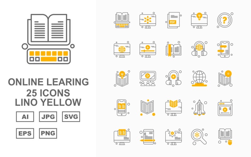 Download Набор иконок "25 Premium Online Learning Lino Yellow Icon Set" / 25 Premium Online Learning Lino Yellow Icon Set - Набор иконок на тему science book,mobile,rocket,website,lcd,find,document,question mark,book mark,earphone,headphone,earth,icon,icons