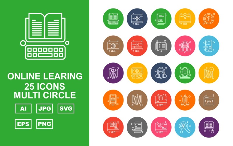 Download Набор иконок "25 Premium Online Learning Multi Circle Icon Set" / 25 Premium Online Learning Multi Circle Icon Set - Набор иконок на тему science book,mobile,rocket,website,lcd,find,document,question mark,book mark,earphone,headphone,earth,icon,icons