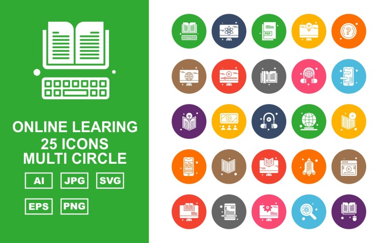 Download Набор иконок "25 Premium Online Learning Multi Circle Icon Set" / 25 Premium Online Learning Multi Circle Icon Set - Набор иконок на тему science book,mobile,rocket,website,lcd,find,document,question mark,book mark,earphone,headphone,earth,icon,icons