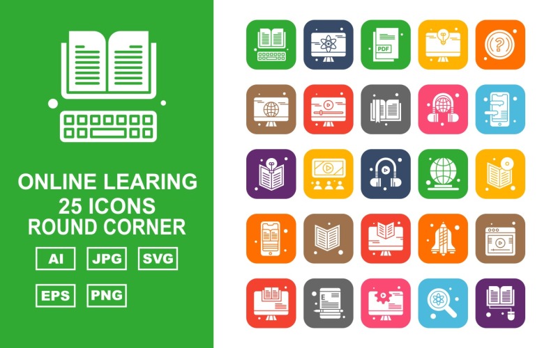 Download Набор иконок "25 Premium Online Learning Round Corner Icon Set" / 25 Premium Online Learning Round Corner Icon Set - Набор иконок на тему science book,mobile,rocket,website,lcd,find,document,question mark,book mark,earphone,headphone,earth,icon,icons