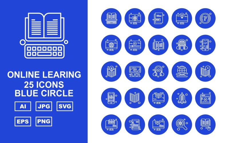 25 prémium online tanulási kék kör ikonkészlet