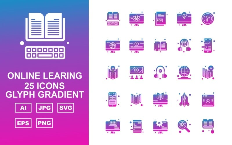 25 set di icone del gradiente del glifo di apprendimento online premium
