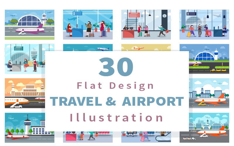 Download Иллюстрация "30 Airport Travel Flat Design - Illustration" / 30 Airport Travel Flat Design - Illustration - Иллюстрация на тему графика airport,waiting,masks,check,transport,travel,queue,airplane,reception,interior,vector,plane,passport,covid,virus,tourism,transportation,boarding,flat,departure