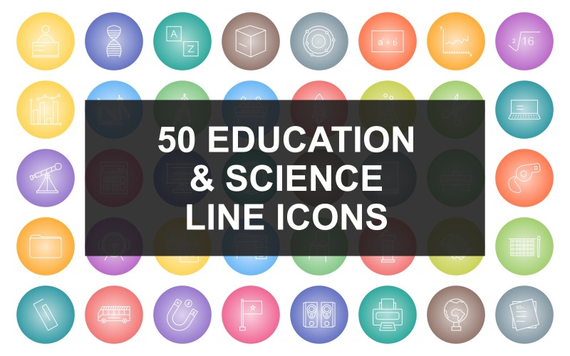 Download Набор иконок "50 Education &amp; Science Line Round Gradient Icon Set" / 50 Education &amp; Science Line Round Gradient Icon Set - Набор иконок на тему science student using laptop,two students studying,student sitting in classroom,school bus,puzzle,equal to,percentage,mathematics,circuit,dna structure,alphabet,cube,atomic structure,formula,graph,sq
